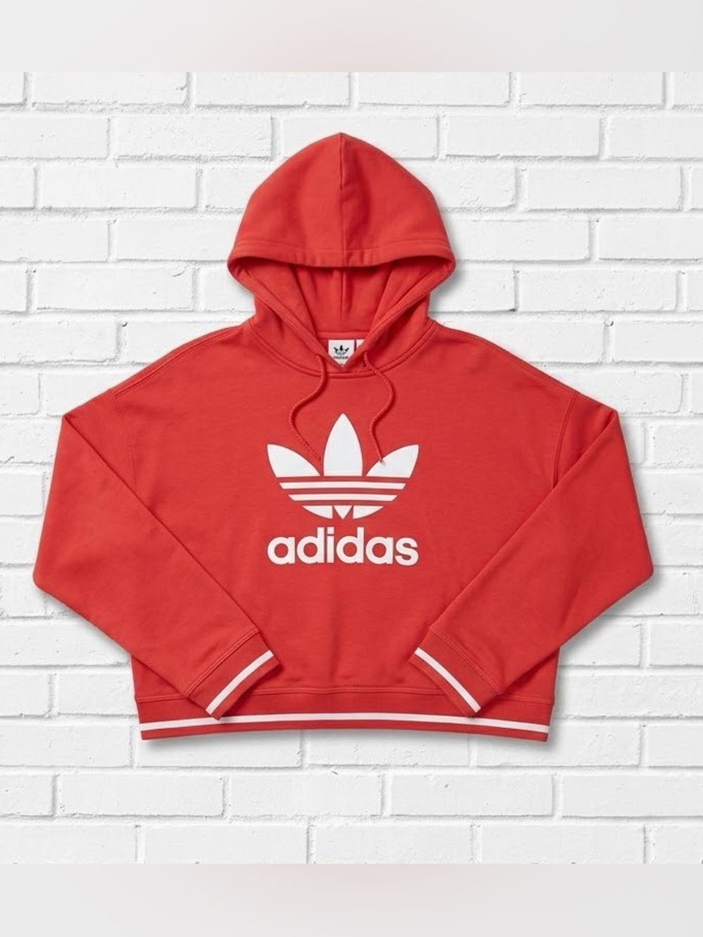 Adidas Originals Active Icons Cropped Hoodie Coral Red White Trefoil Stripe M